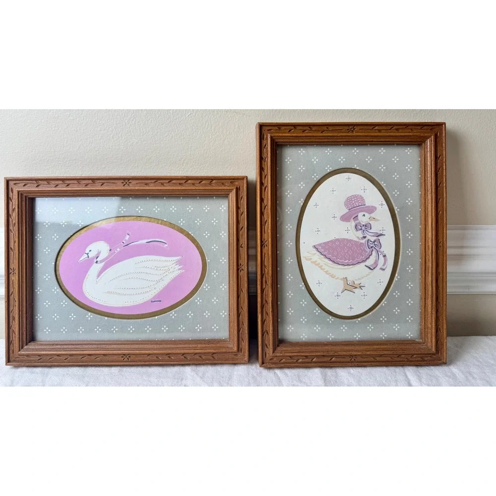 Vintage Swan Goose Framed Art Set 2 Nursery Decor Cottagecore